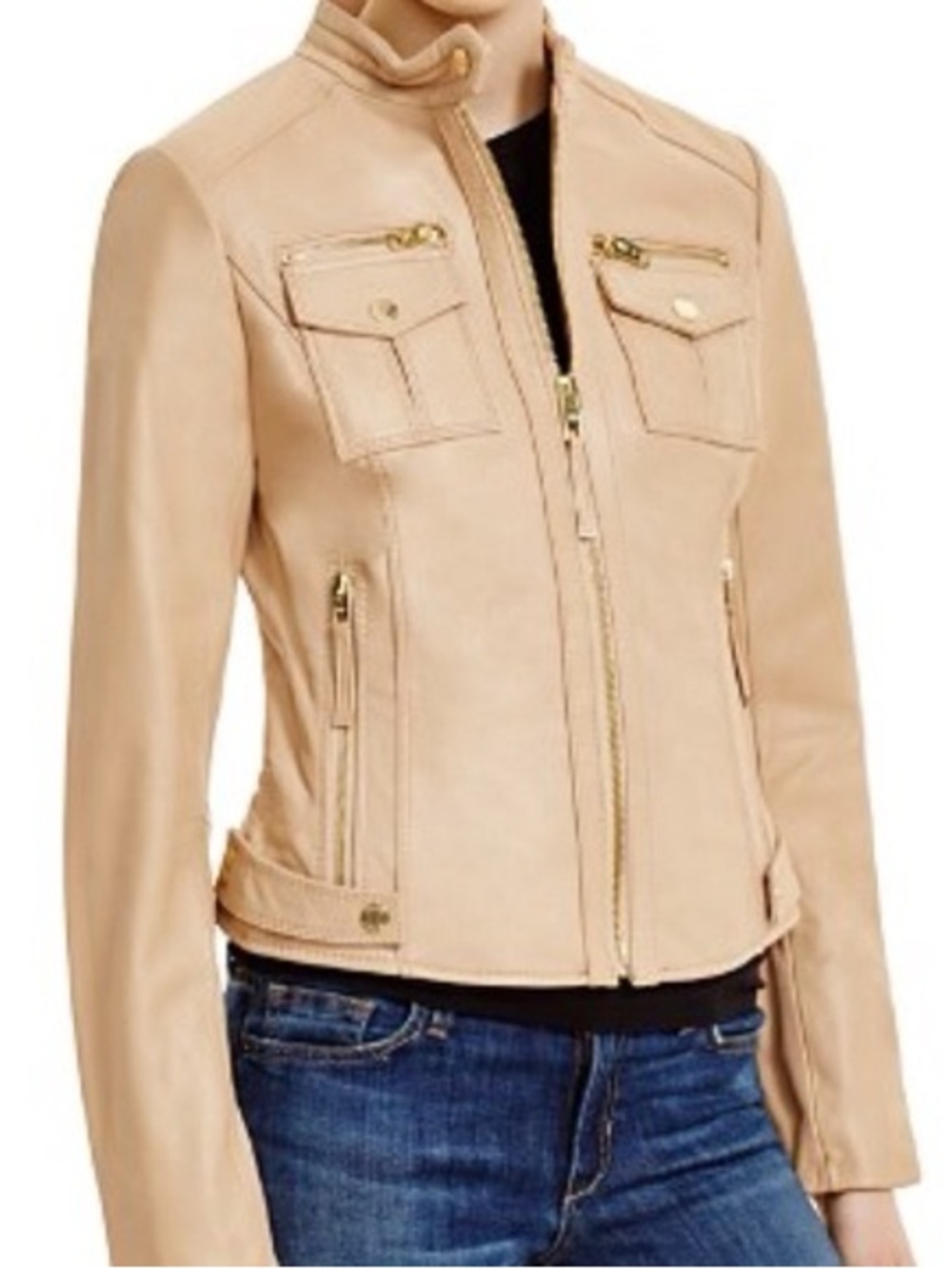 Michael Kors Buttery Leather Zip Front Beige Motto Jacket Cafe Racer Size Medium